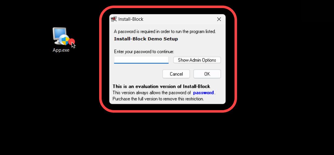 Окно Install-Block, требующее пароль для продолжения установки.