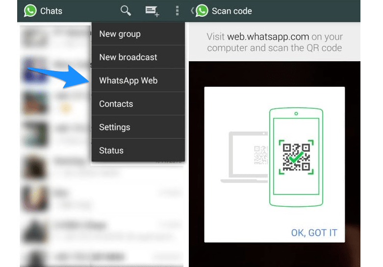 Меню WhatsApp с пунктом 'WhatsApp Web'
