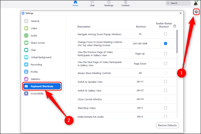 Меню горячих клавиш Zoom с списком действий
