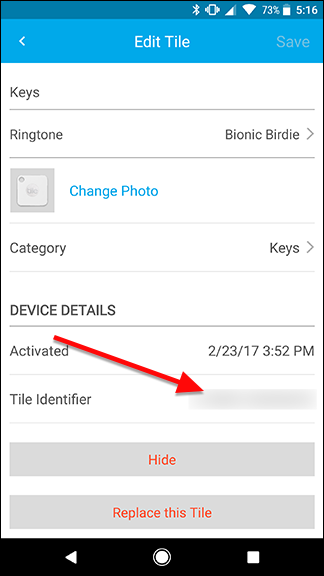 Идентификатор Tile в настройках устройства