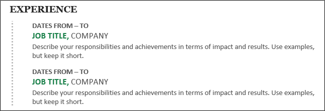 Пример таблицы для блока опыта в резюме