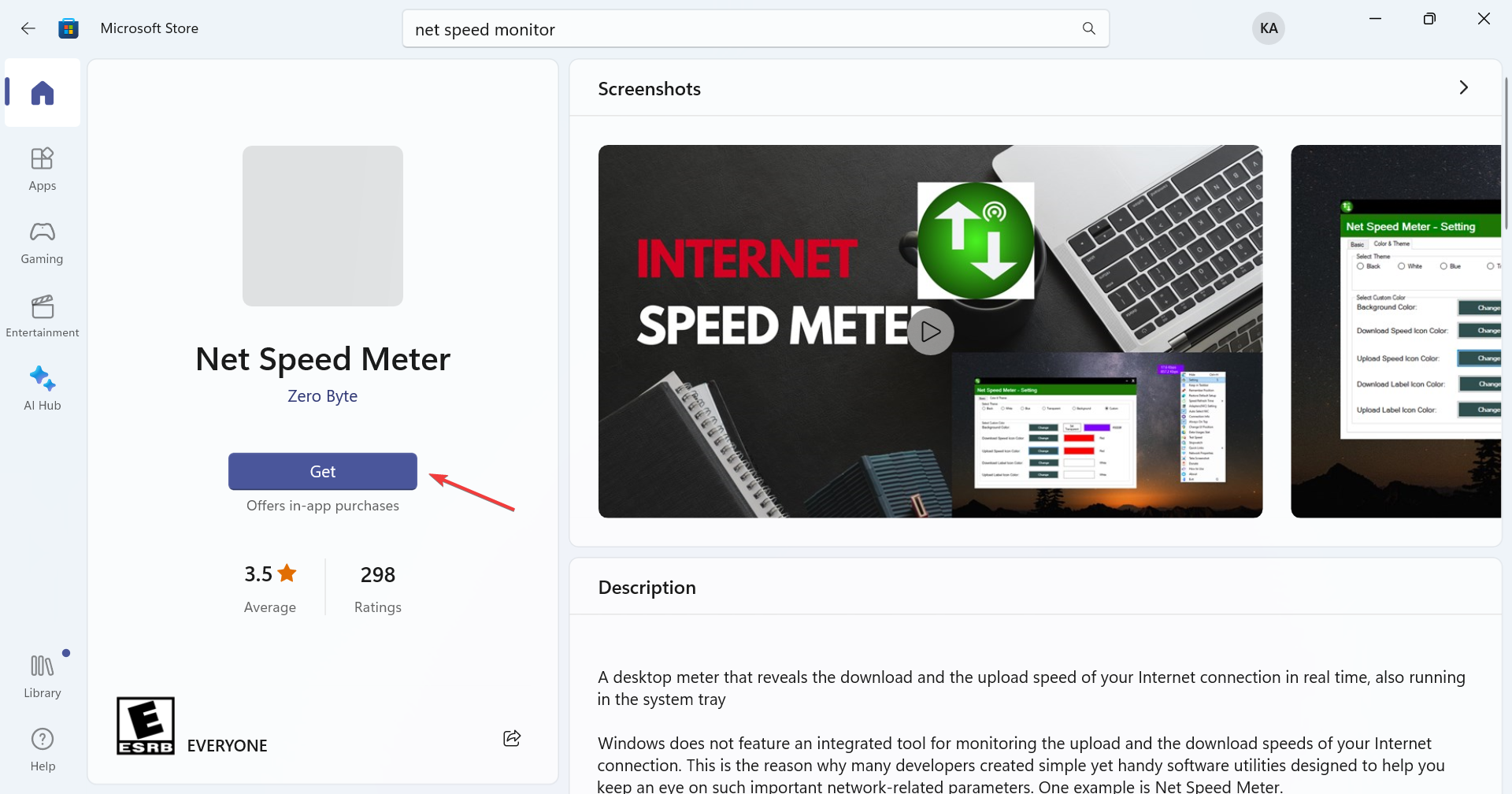 Кнопка «Получить» в Microsoft Store для Net Speed Meter