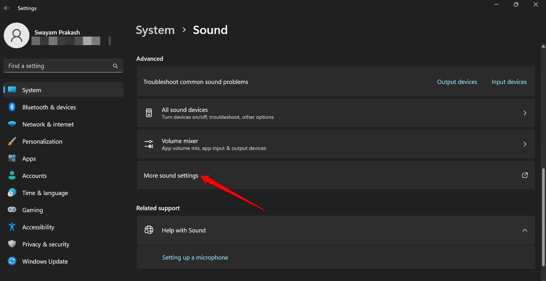 Пункт меню дополнительные параметры звука в Windows 11