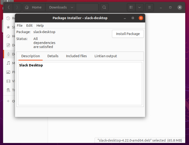 кнопка Установить пакет в GDebi