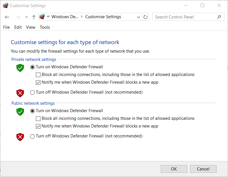 Настройки брандмауэра Windows
