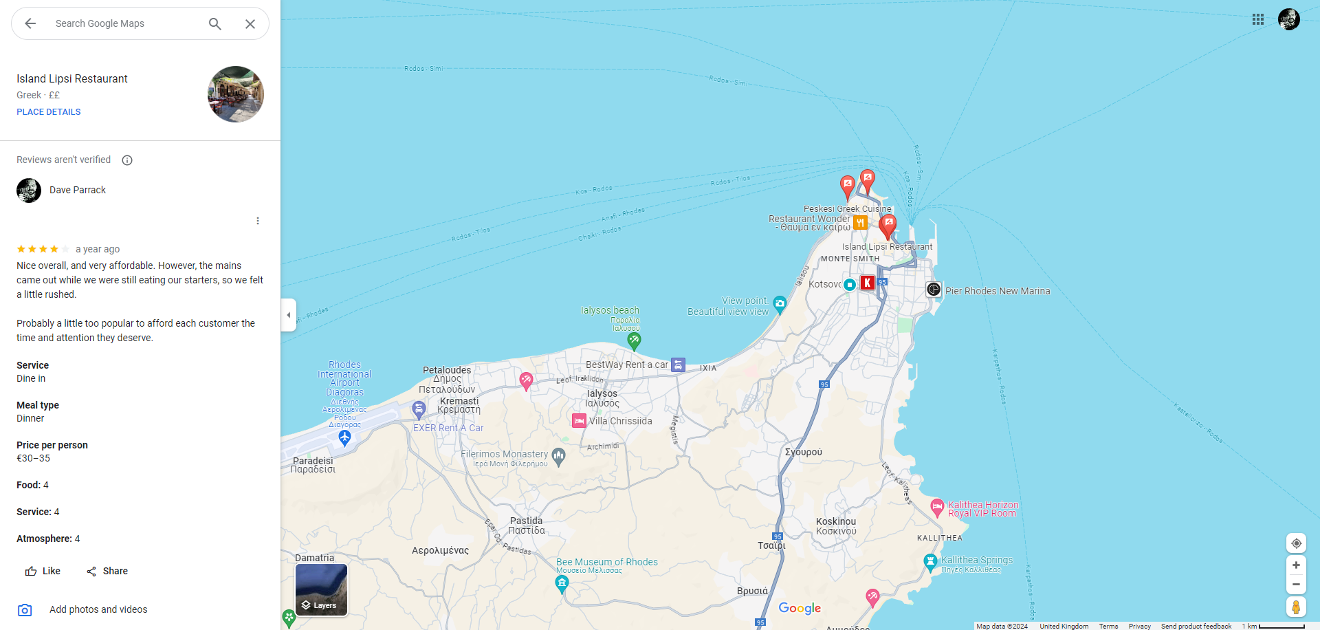 A Google Maps review of Lipsi restaurant