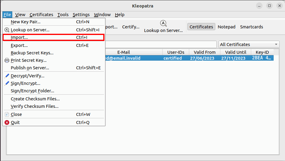 Опция Импорт в GNU Kleopatra