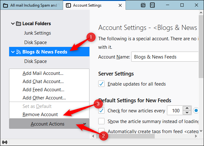 Выберите «Блоги и новостные ленты», затем «Удалить учётную запись».