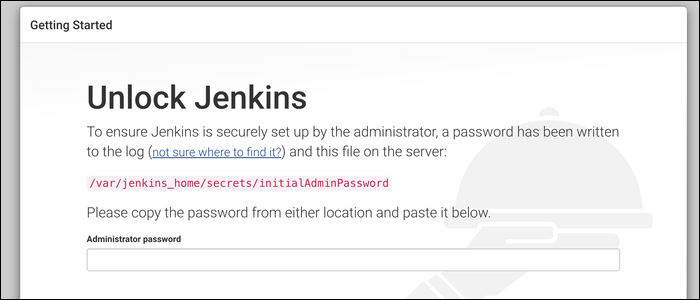 Экран входа Jenkins (запрос начального пароля)
