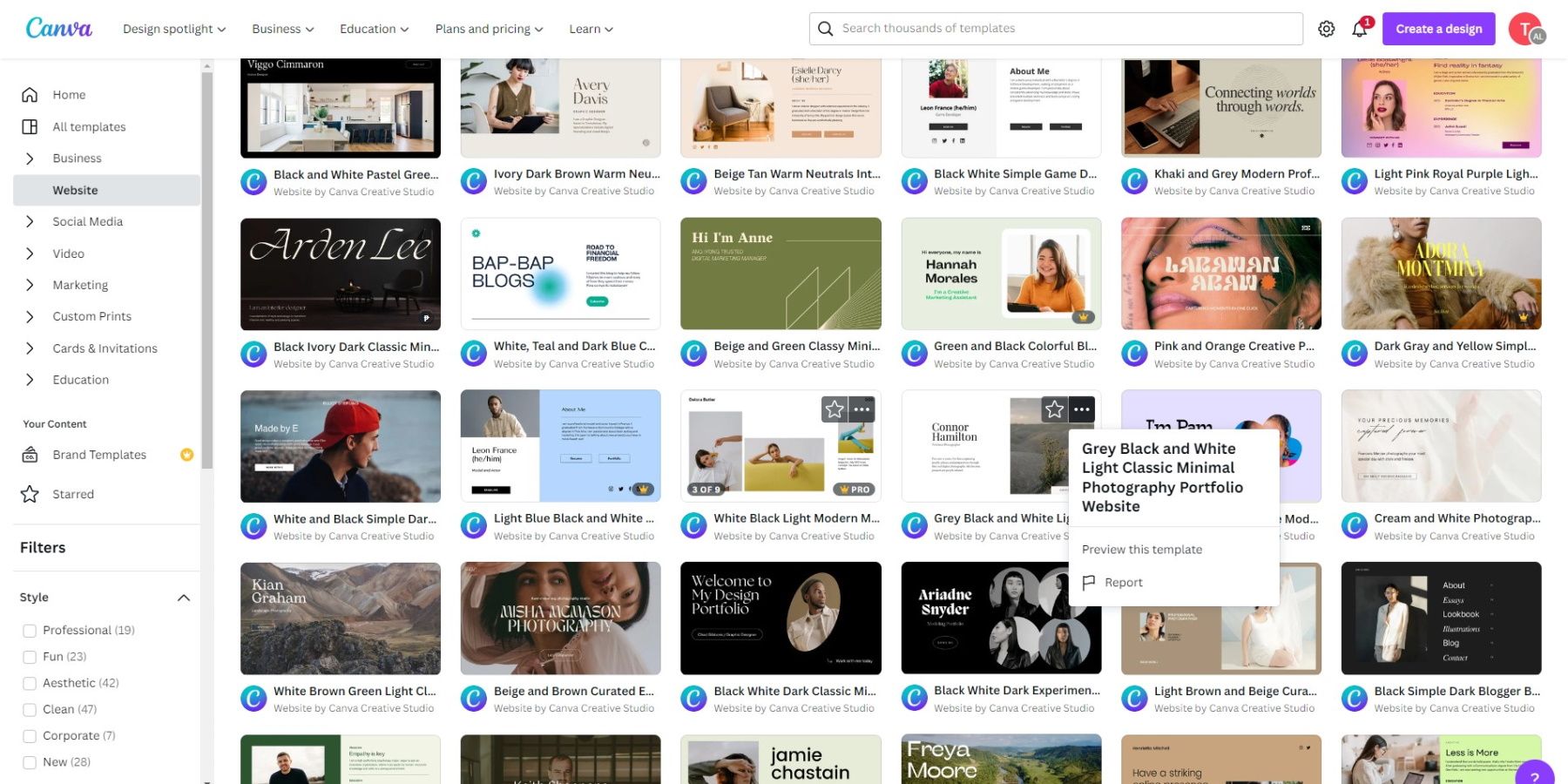 Значки на шаблонах в Canva при наведении: количество страниц, избранное, название и PRO-коронка