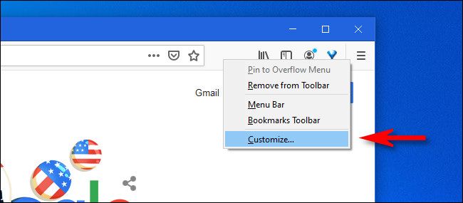 Щёлкните правой кнопкой по панели инструментов Firefox и выберите «Настроить».