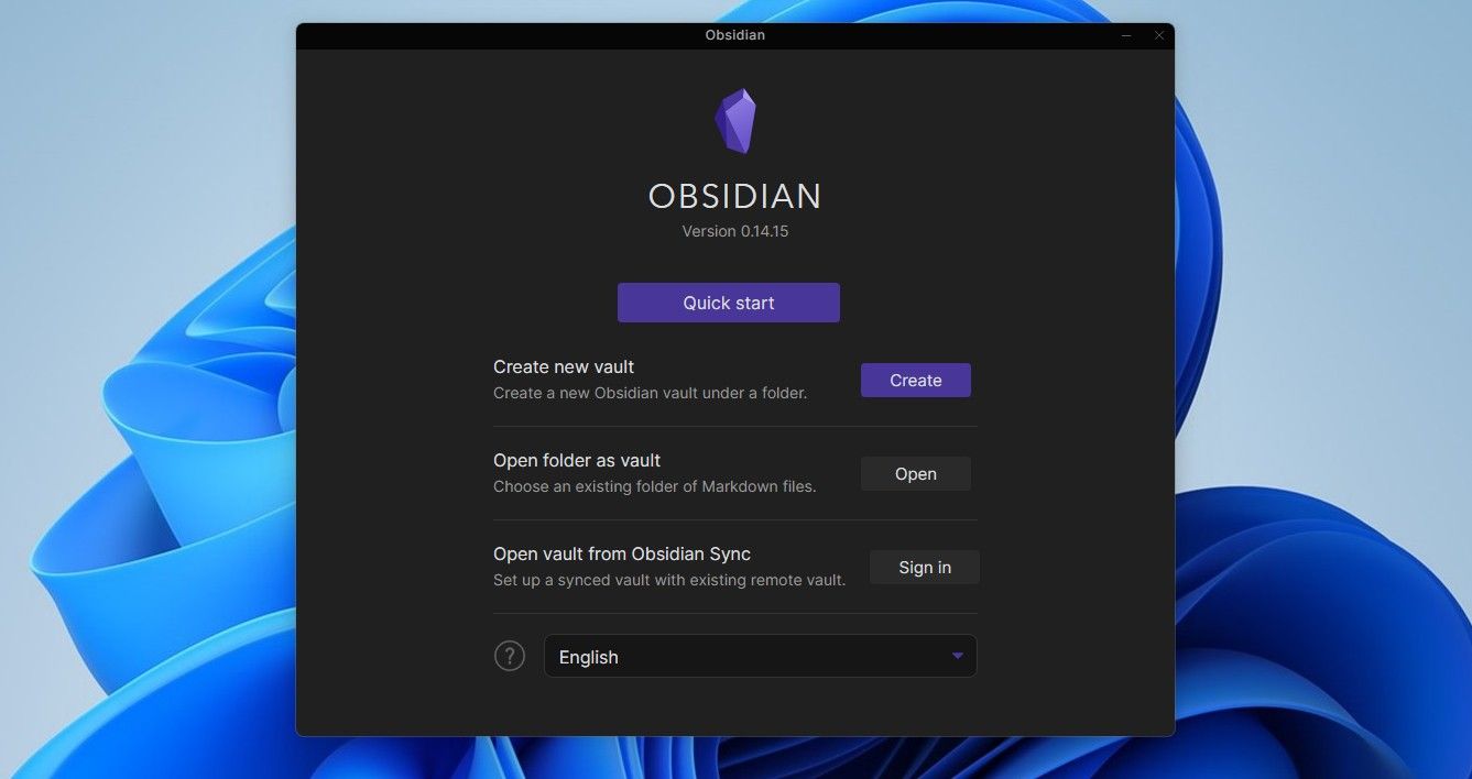 Окно Obsidian после запуска
