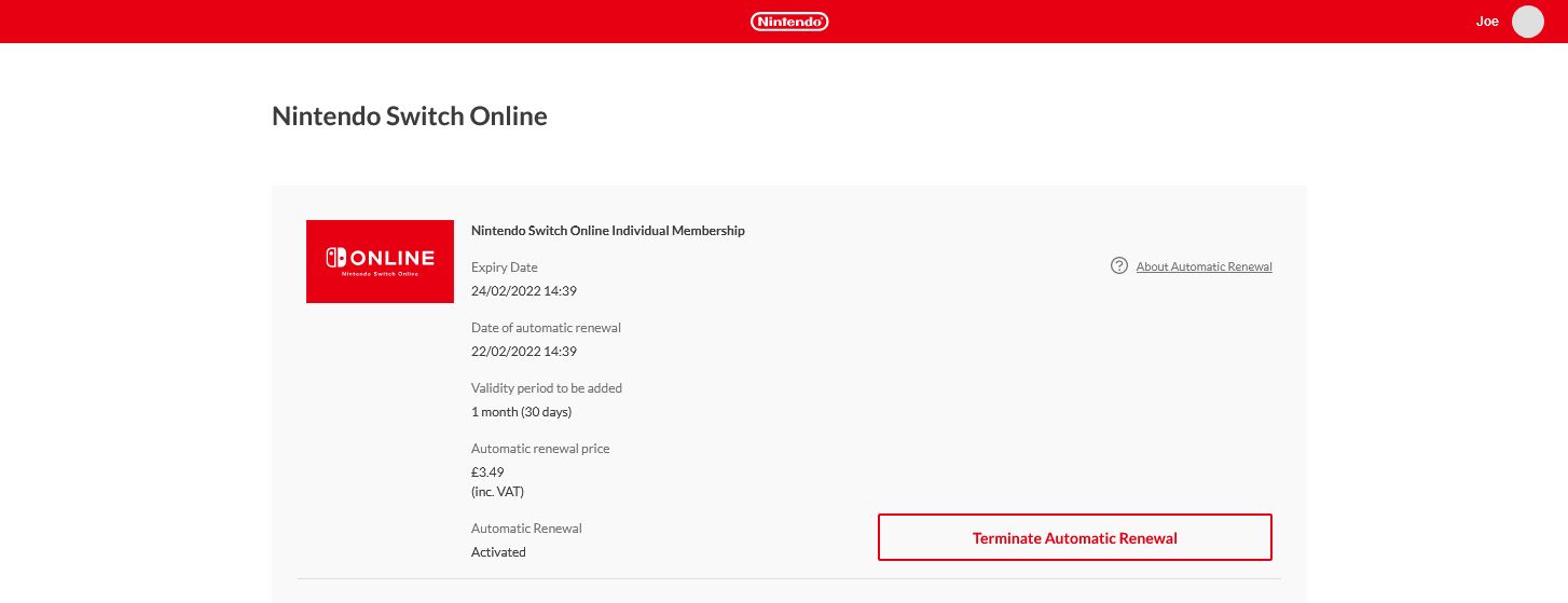 Страница аккаунта Nintendo на сайте с настройками подписки