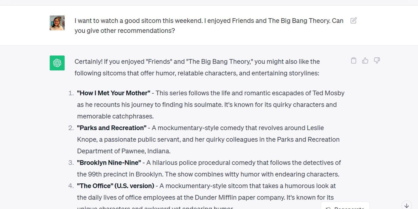 диалог с ChatGPT о рекомендациях ситкомов