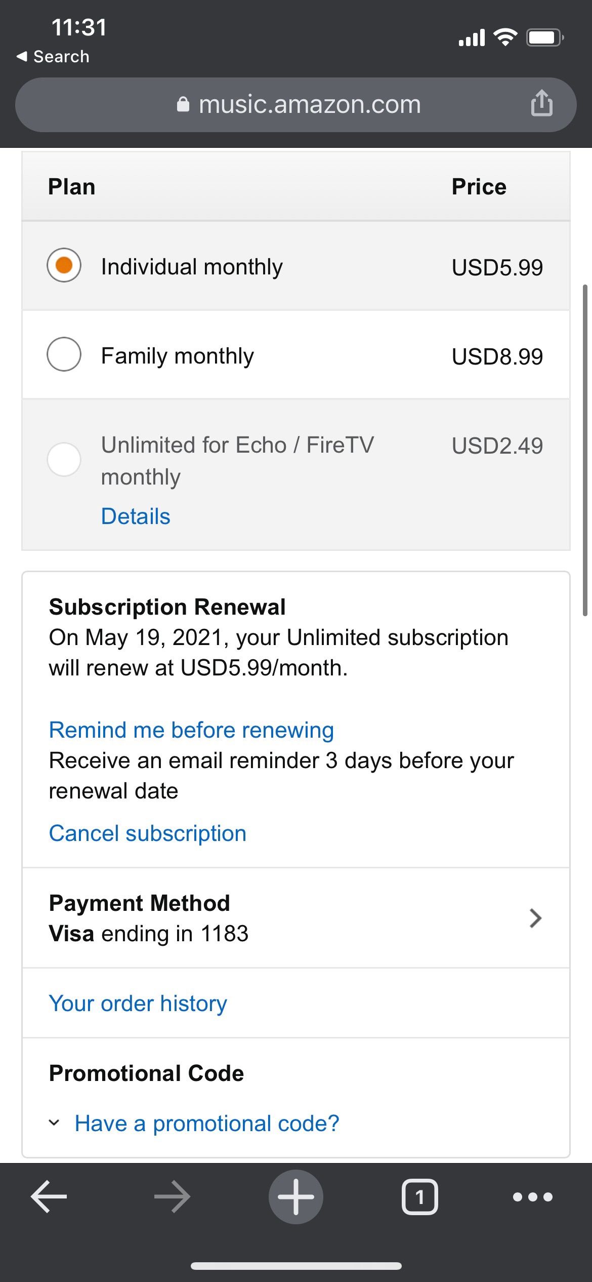 Скриншот отмены Amazon Music Unlimited на сайте Amazon