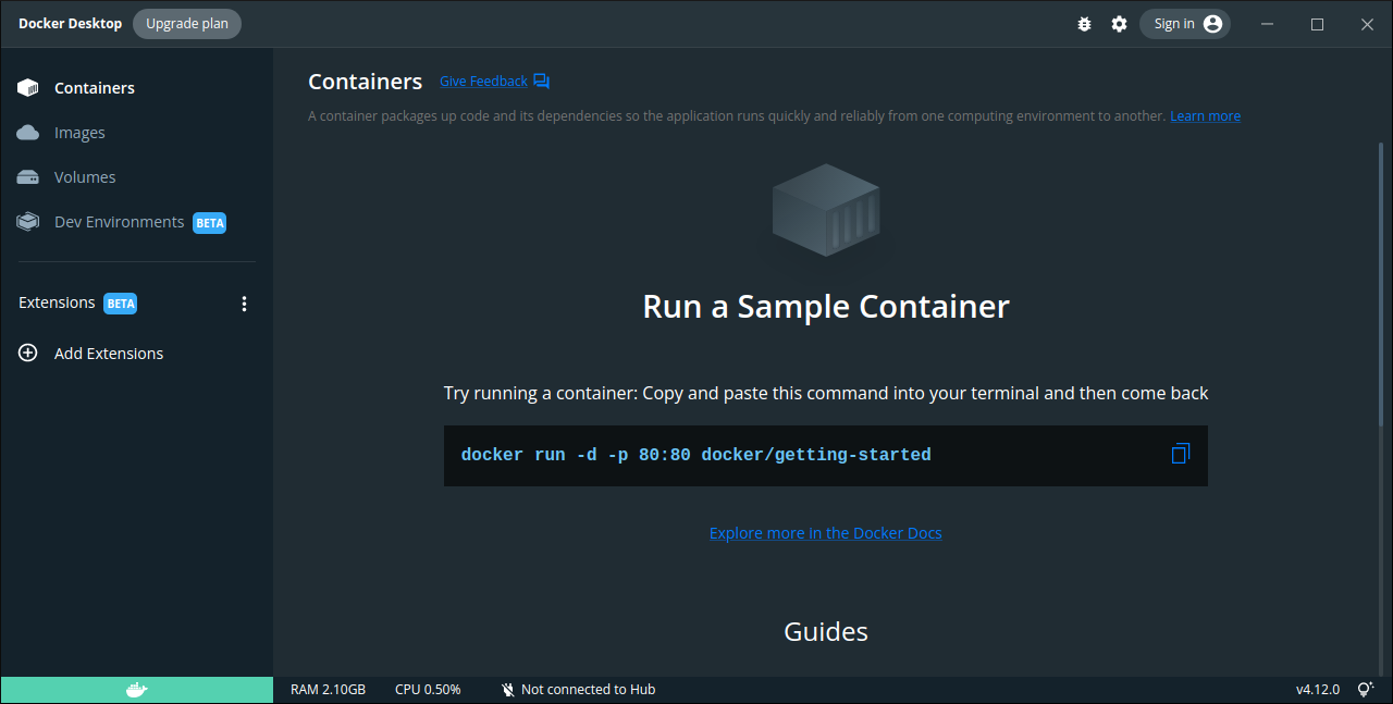 Screenshot of the Docker Desktop welcome screen