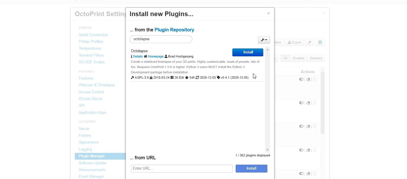 Установите плагин Octolapse в OctoPrint