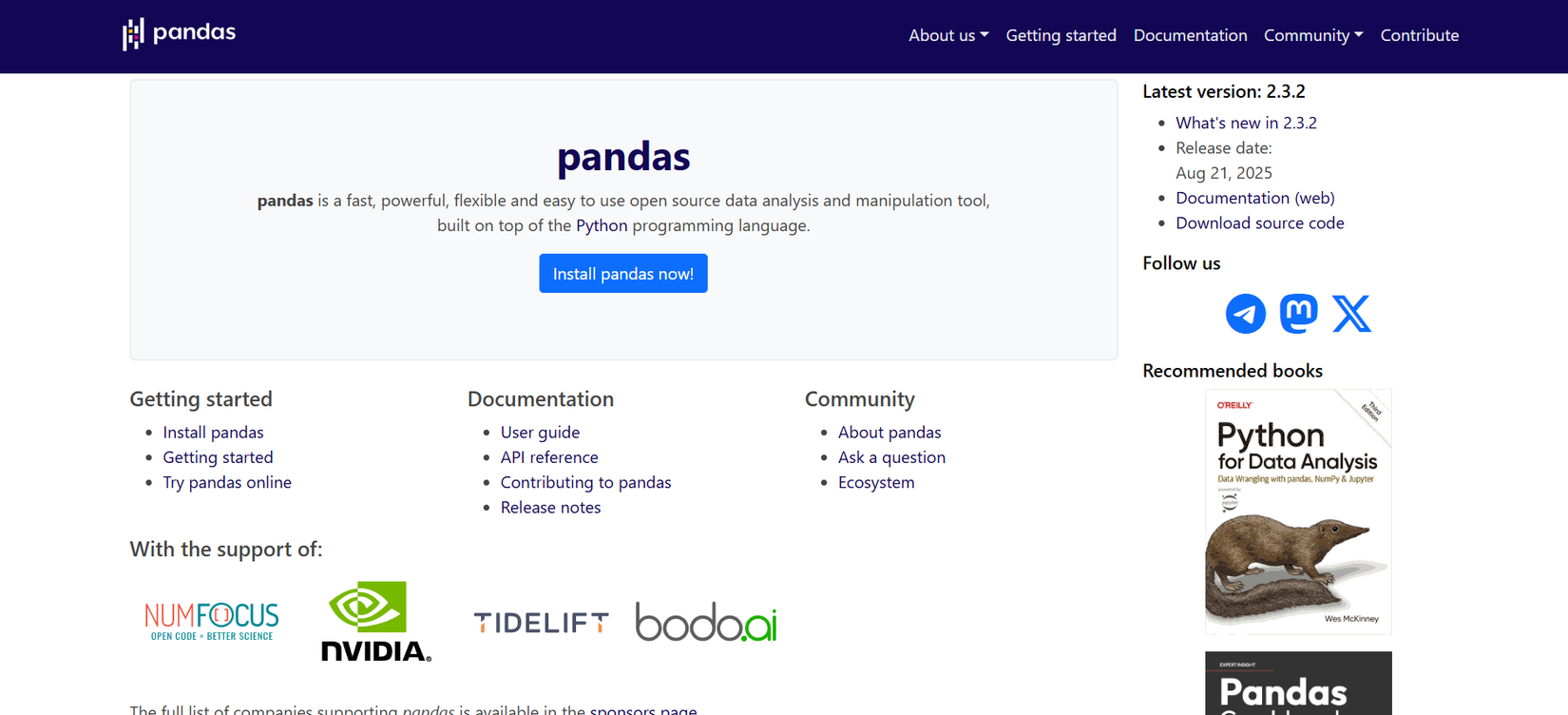 pandas公式サイトのスクリーンショット。