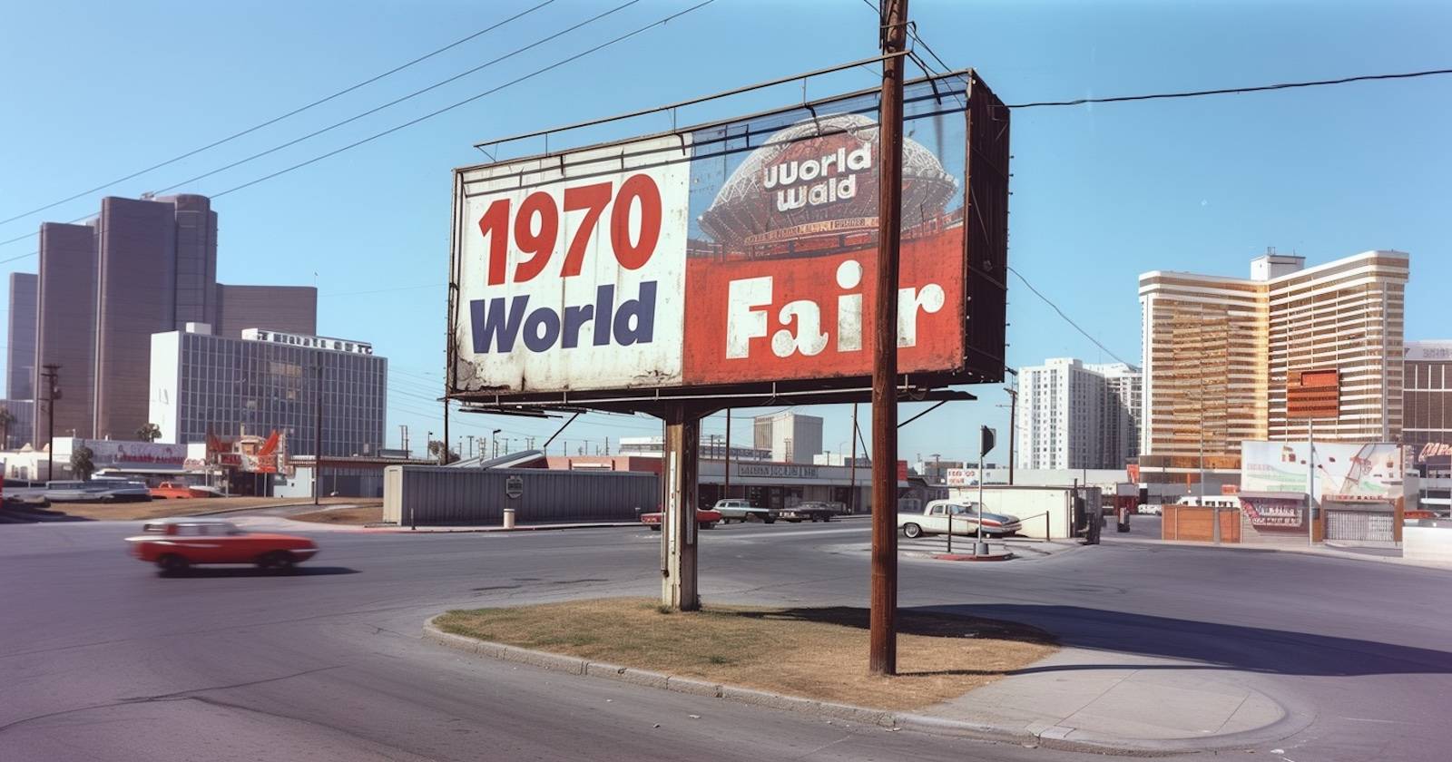 Рекламный щит в ретро-стиле с выражением «1970s World Fair» на картинке, сгенерированной Midjourney