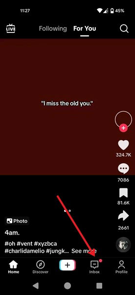 Нажатие значка Inbox в TikTok для Android.