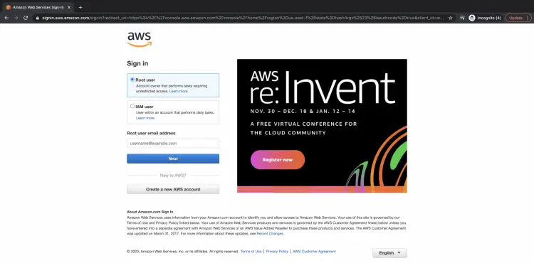 Страница входа в AWS