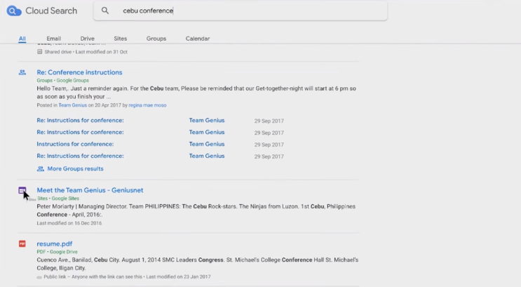 Интерфейс Google Cloud Search — строка поиска и результаты