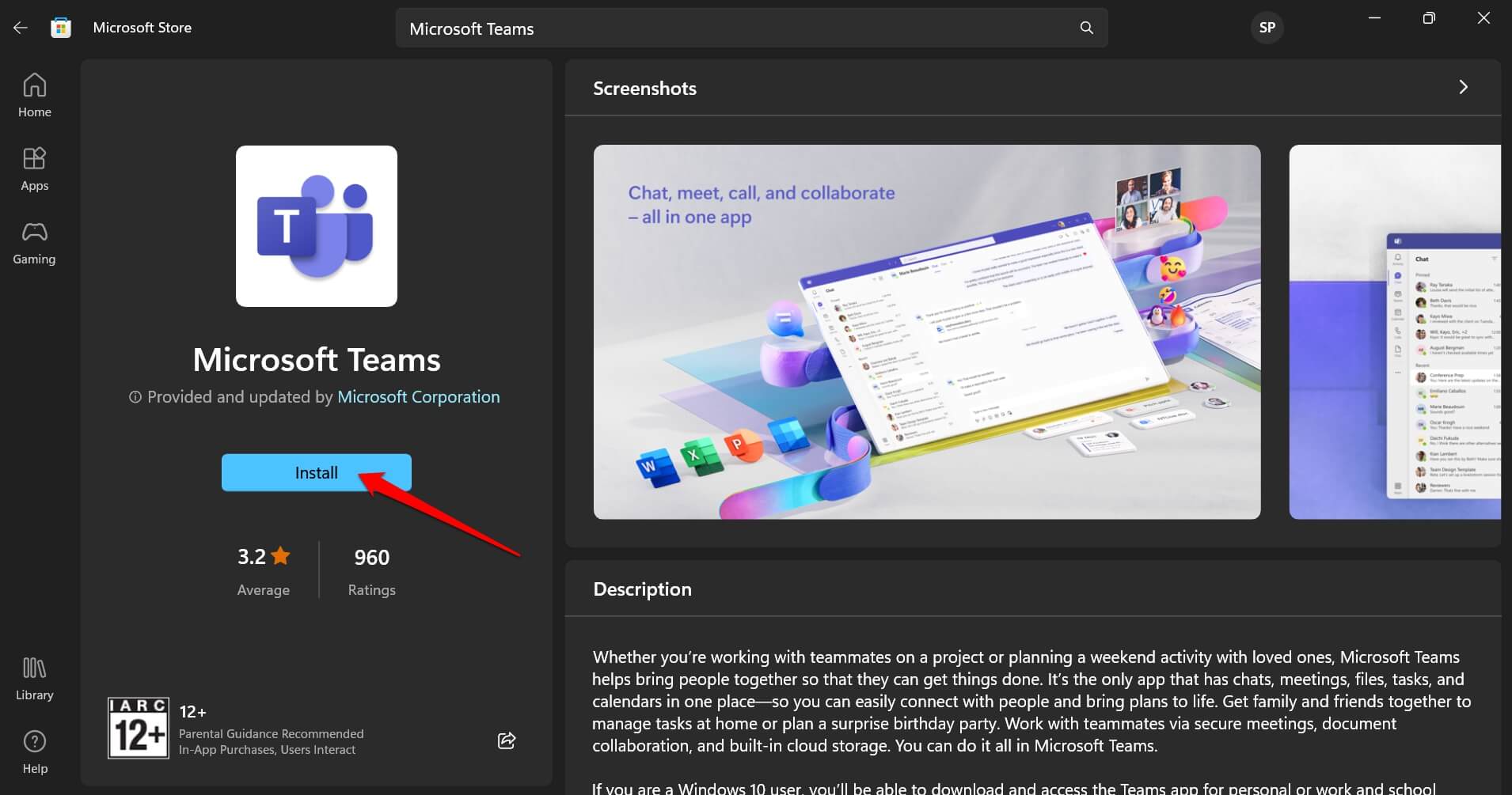 Установка Microsoft Teams из Microsoft Store