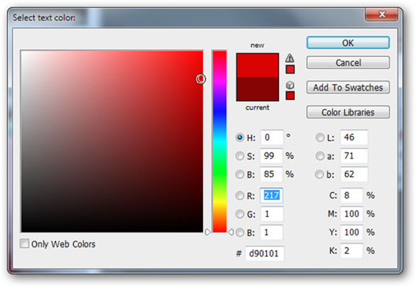 Выбор цвета текста в панели параметров (пример красного оттенка)