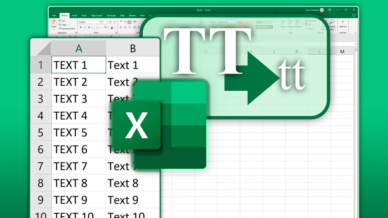 Экран Excel с примером преобразования регистра и логотипом Excel.