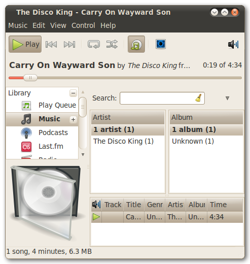 Rhythmbox in riproduzione del brano di prova
