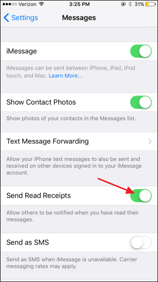Переключатель Отправлять подтверждение прочтения на iPhone