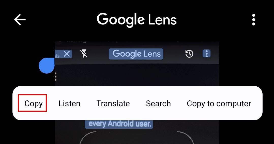 Опция Копировать для копирования текста на телефон