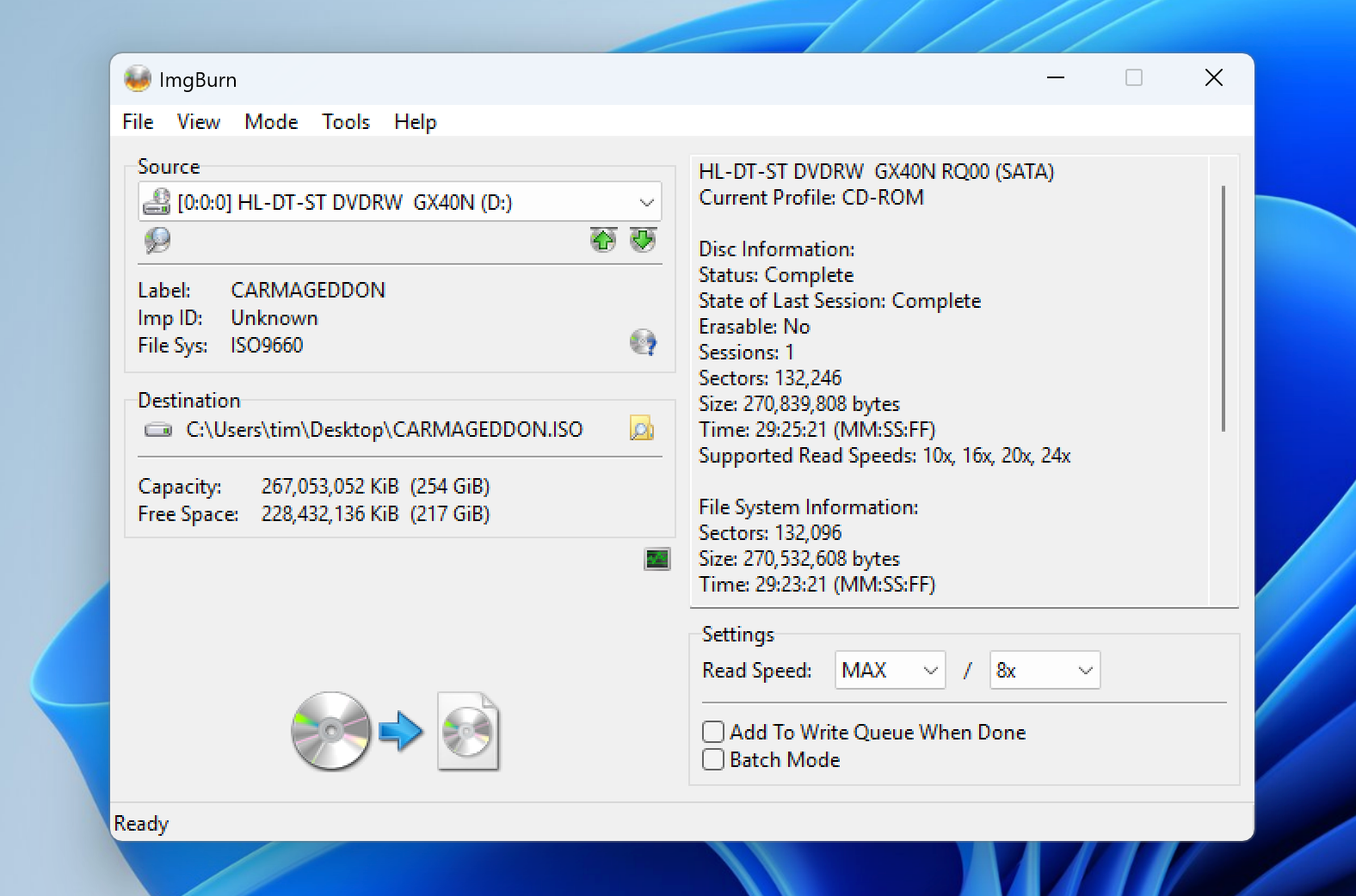 Страница параметров чтения в ImgBurn