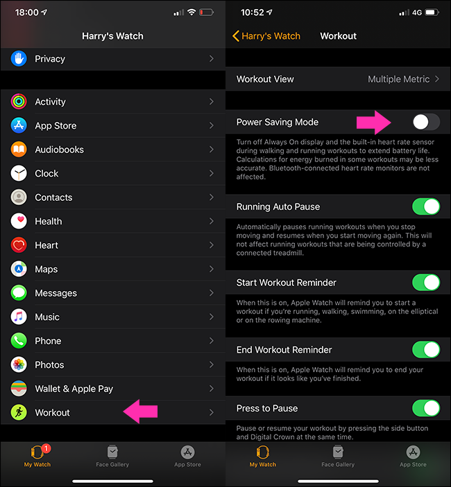 Режим энергосбережения в настройках тренировок на Apple Watch
