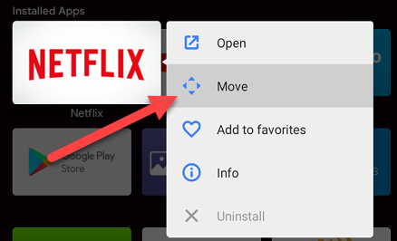 Выбор опции перемещения приложения на странице Приложения.