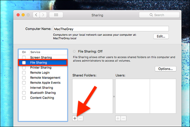 Изображение окна с включённым файловым доступом и кнопкой добавления папки