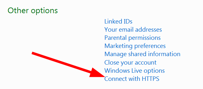 Параметр «Подключаться через HTTPS» на странице Hotmail