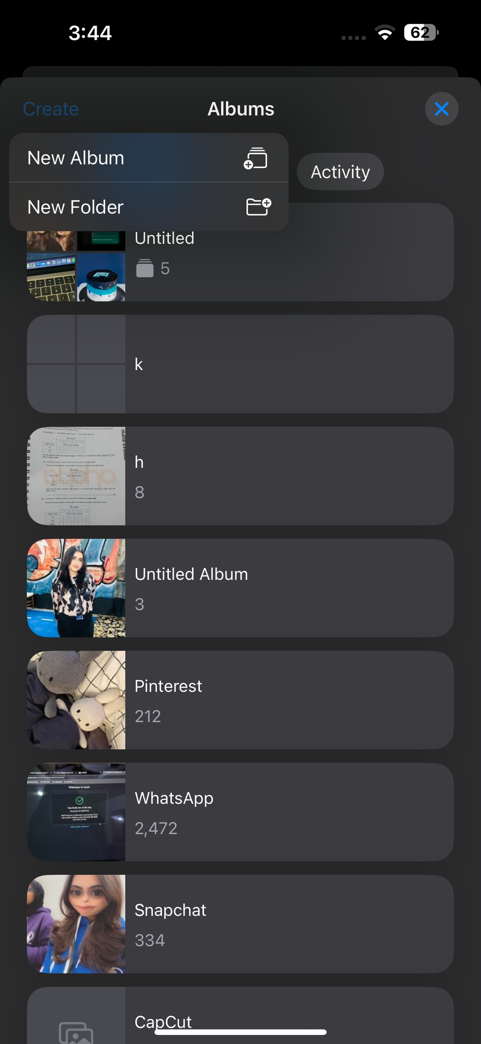 Создание нового альбома в приложении «Фото» iOS