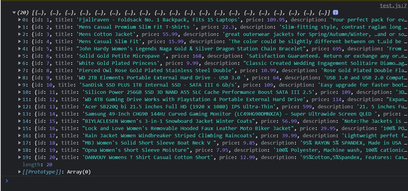 Скриншот ответа fetch с массивом продуктов