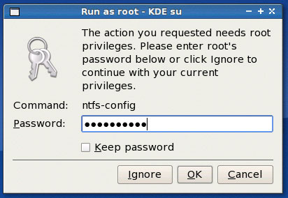 Окно ввода пароля root для доступа к настройкам NTFS