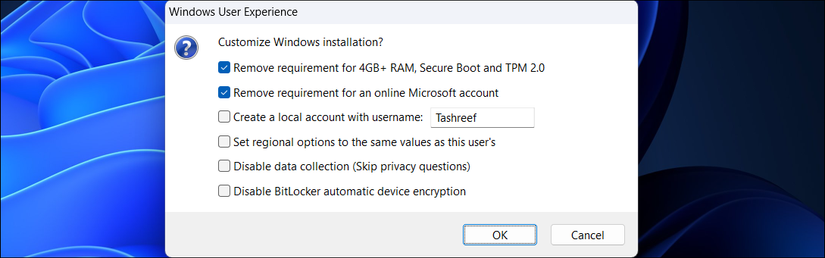 Диалог настройки установки Windows в Rufus