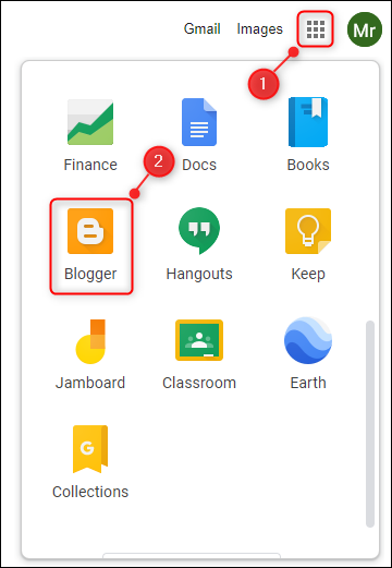 Опция Blogger в меню приложений Google