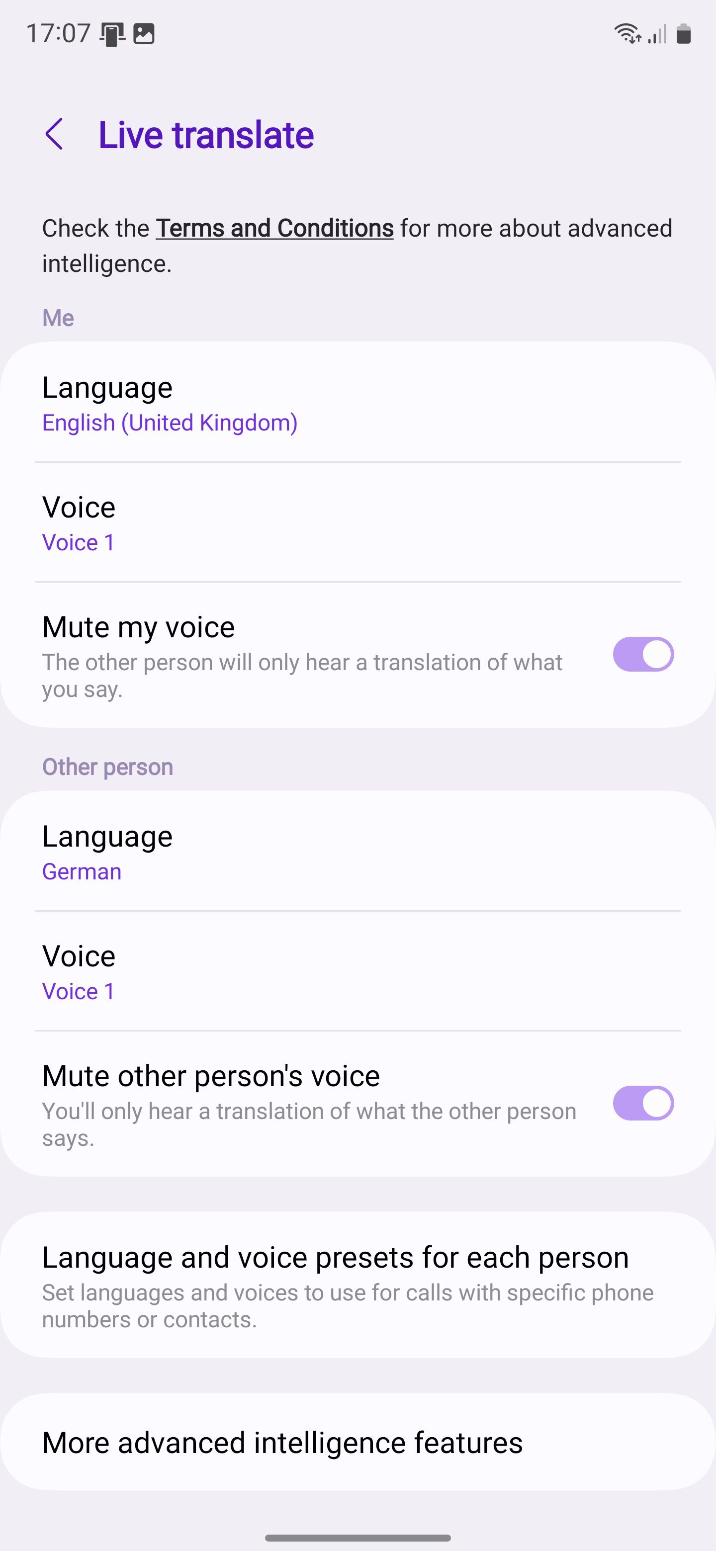 Меню Live Translate на Samsung Galaxy S24
