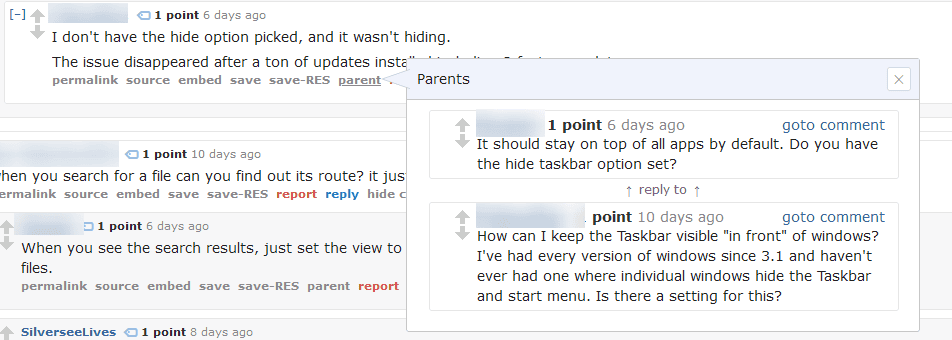Предпросмотр родительского комментария при наведении