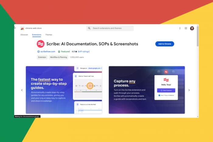 Скриншот: иконка Scribe в Chrome и кнопка запуска записи
