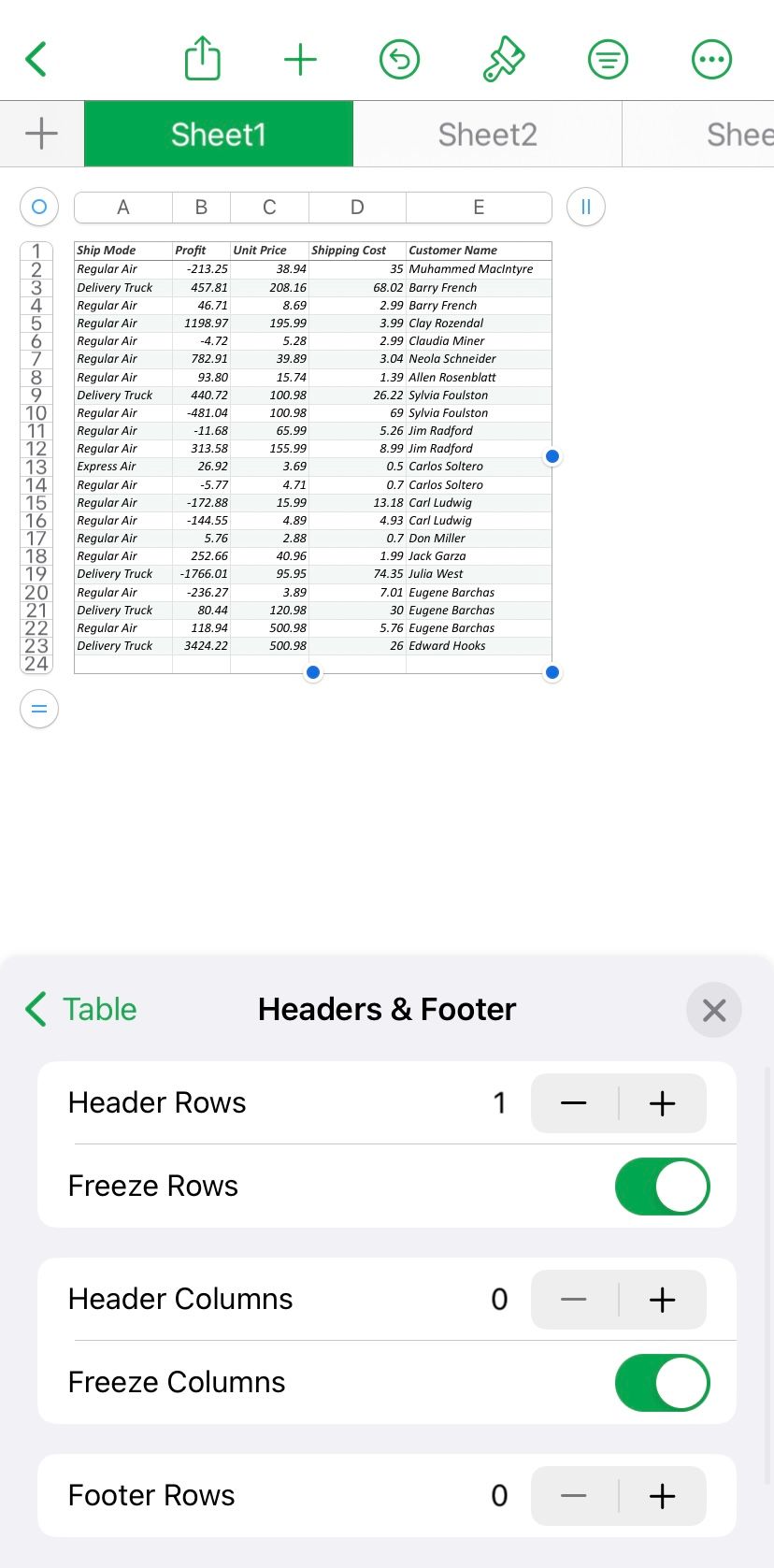 Переключатель для заморозки строк и столбцов в интерфейсе Numbers