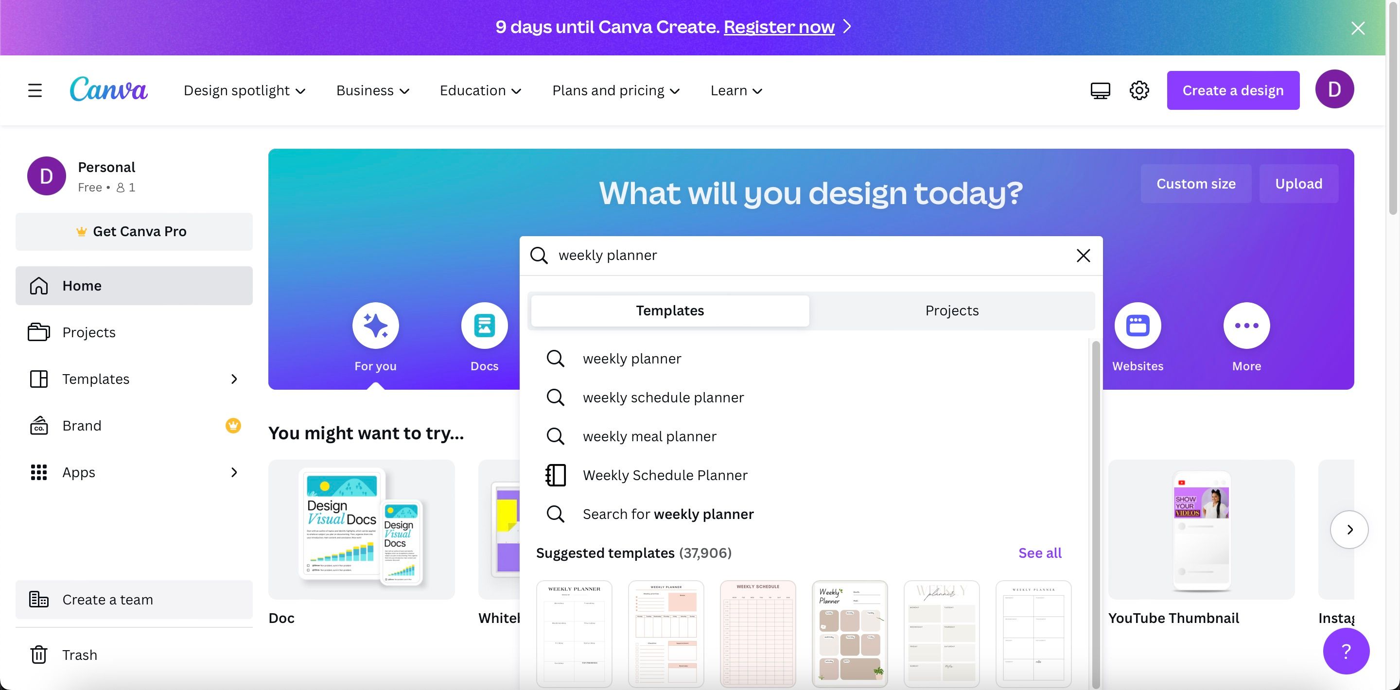 Поиск еженедельного планера в Canva — скриншот с результатами поиска