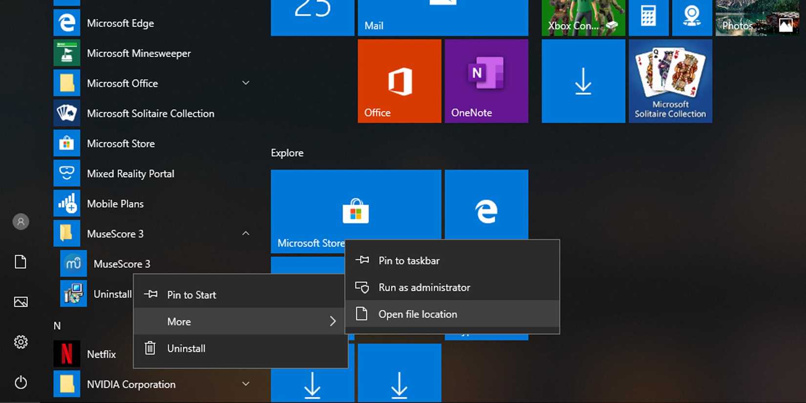 Настройка сочетания через меню Пуск