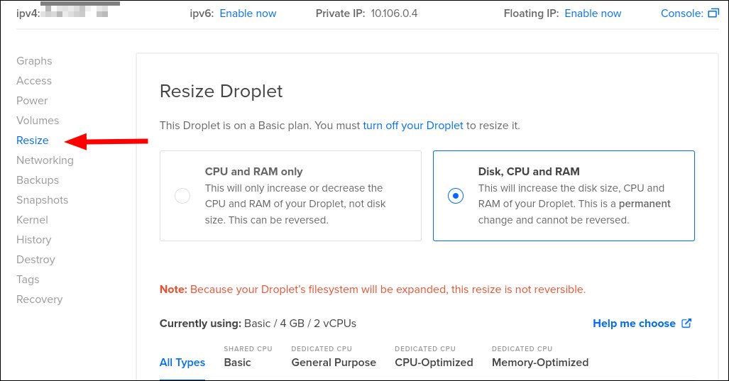 Скриншот изменения размера Droplet в панели управления