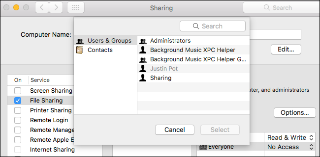 Добавление учётной записи в список разрешений для общей папки